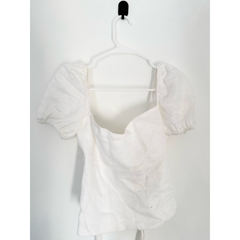 Reformation Linen Sweetheart Neckline White Puff Sleeve Top with Ribbon Size 8